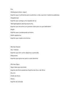 Esu
Atobayjaye-eleso- oogun
Espírito que é suficiente para sustentar a vida, que tem medicina poderosa
Alagada-eye
Espírito q