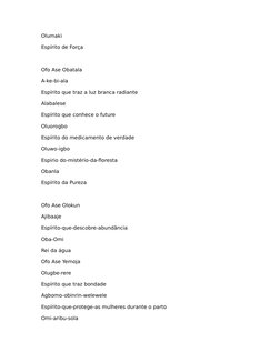 Olumaki
Espírito de Força
Ofo Ase Obatala
A-ke-bi-ala
Espírito que traz a luz branca radiante
Alabalese
Espírito que conhece