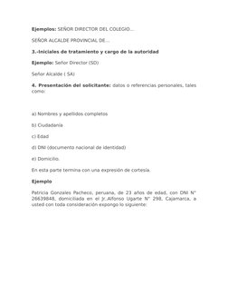 Ejemplos: SEÑOR DIRECTOR DEL COLEGIO…
SEÑOR ALCALDE PROVINCIAL DE…
3.-Iniciales de tratamiento y cargo de la autoridad
Ejempl