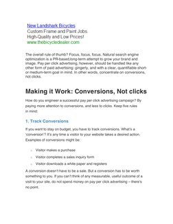 The overall rule of thumb? Focus, focus, focus. Natural search engine 
optimization is a PR-based,long-term attempt to grow