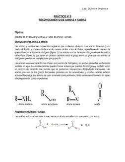 Lab. Química Orgánica   
PRÁCTICO Nº 8
RECONOCIMIENTO DE AMINAS Y AMIDAS
Objetivo:
Estudiar las propiedades químicas y física