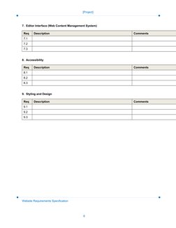[Project]
7.  Editor Interface (Web Content Management System)
Req
Description
Comments
7.1
7.2
7.3
8.  Accessibility
Req
Des