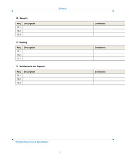 [Project]
10.  Security
Req
Description
Comments
10.1
10.2
10.3
11.  Hosting
Req
Description
Comments
11.1
11.2
11.3
12.  Mai