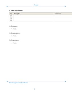 [Project]
13.  Other Requirements
Req
Description
Comments
13.1
13.2
13.3
14. Exclusions:

Here…
15. Considerations:

Here…