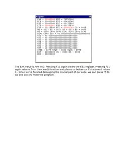 The EAX value is now 0x0. Pressing F11 again clears the EBX register. Pressing F11 
again returns from the clear() function a