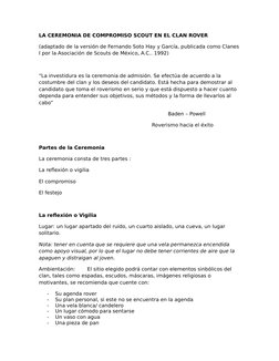 LA CEREMONIA DE COMPROMISO SCOUT EN EL CLAN ROVER
(adaptado de la versión de Fernando Soto Hay y García, publicada como Clane
