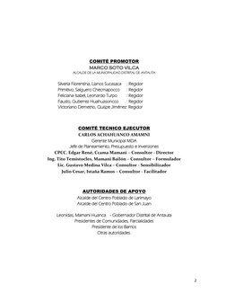 2 
 
 
 
 
 
 
COMITÉ PROMOTOR 
MARCO SOTO VILCA 
ALCALDE DE LA MUNICIPALIDAD DISTRITAL DE ANTAUTA 
 
Silveria Florentina, Ll