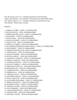 Hon. Rosemary Lorna V. Uy – Barangay Chairman, Overall Chairman
Admin. Jerry Sabanal – Vice Chairman, Chairman Peace &