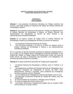 INSTITUTO NACIONAL DE ANTROPOLOGÍA E HI TORIA 
S
CONDICIONES GENERALES DE TRABAJO 
  
  
  
CAPITULO I. 
Generalidades