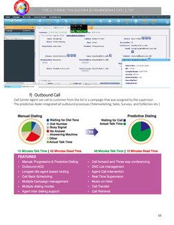10 
 
                   TOLL FREE TELECOM (CAMBODIA) CO., LTD. 
 
f) Outbound Call 
Call Center Agent can call to customer f