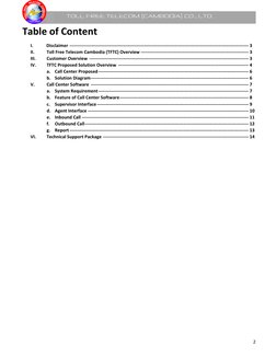 2 
 
                   TOLL FREE TELECOM (CAMBODIA) CO., LTD. 
Table of Content 
I. 
       Disclaimer  ‐‐‐‐‐‐‐‐‐‐‐‐‐‐‐‐‐‐‐‐