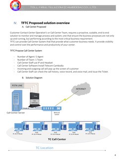 4 
 
                   TOLL FREE TELECOM (CAMBODIA) CO., LTD. 
 
 
IV. 
TFTC Proposed solution overview 
A. Call Center Prop