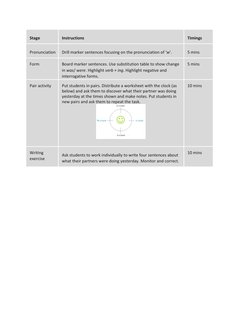 Stage 
Instructions 
Timings 
Pronunciation 
Drill marker sentences focusing on the pronunciation of ‘w’. 
5 mins 
Form 
Boar