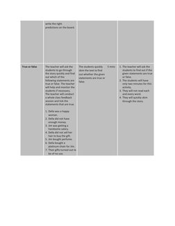 write the right 
predictions on the board. 
True or false 
The teacher will ask the 
students to go through 
the story quickl