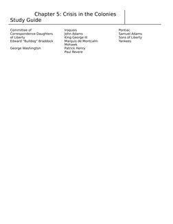 Chapter 5: Crisis in the Colonies 
Study Guide
Committee of 
Correspondence Daughters 
of Liberty
 
Edward “Bu