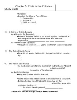 Chapter 5: Crisis in the Colonies 
Study Guide
Purpose: 
Created the Albany Plan of Union
1. Proposed by: 
2