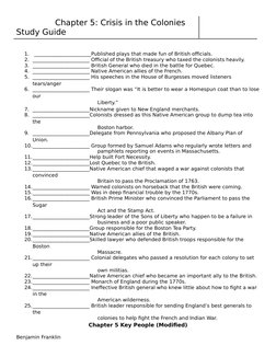 Chapter 5: Crisis in the Colonies 
Study Guide
1.  _______________________Published plays that made fun of Bri