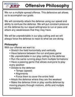Offensive Philosophy
We run a multiple spread offense. This defensive set allows 
us to accomplish our goals.
We will constan