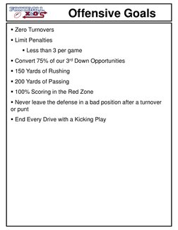 Offensive Goals
 Zero Turnovers
 Limit Penalties
 Less than 3 per game
 Convert 75% of our 3rd Down Opportunities
 150 Y