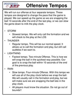 Offensive Tempos
We will run our offense at four separate tempos. These 
tempos are designed to change the pace that the game