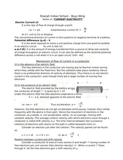 Sharjah Indian School – Boys Wing 
Notes on ‘CURRENT ELECTRICITY’
 Electric Current (I)
It is the rate of flow of charge thro