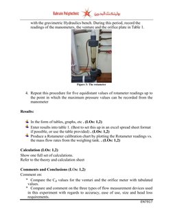 with the gravimetric Hydraulics bench. During this period, record the 
readings of the manometers, the venture and the orific