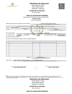 Ministerio de Educación
Xnimal Xjolomil li Tzolok
(Idioma Maya Q'eqchi')
Guatemala - Watemaal
Certificado de Estudios
Xhuhil