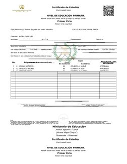 Certificado de Estudios
Xhuhil reetalil tzolok
NIVEL DE EDUCACIÓN PRIMARIA
Xtasalil tzolok cho'q reheb' kok'al aj waqib' toj
