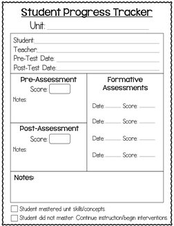 Student Progress Tracker
Unit:
Pre-Assessment
Formative
Assessments
Notes:
Student:
Teacher:
Pre-Test Date:
Post-Test Date:
S