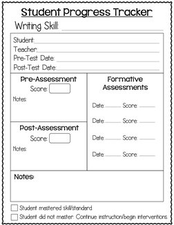 Student Progress Tracker
Writing Skill:
Pre-Assessment
Formative
Assessments
Notes:
Student:
Teacher:
Pre-Test Date:
Post-Tes