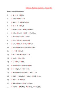 Balancing Chemical Equations – Answer Key 
 
Balance the equations below: 
 
1) 
1 N2 + 3 H2 Æ 2 NH3 
 
2) 
2 KClO3 Æ 2 KCl