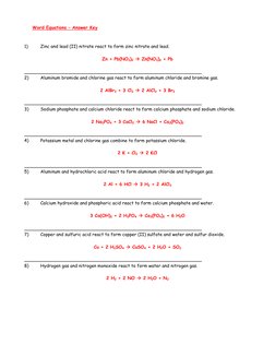 Word Equations – Answer Key 
 
 
1) 
Zinc and lead (II) nitrate react to form zinc nitrate and lead. 
 
Zn + Pb(NO3)2 Æ Zn(N