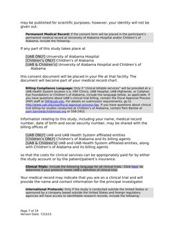 may be published for scientific purposes; however, your identity will not be 
given out.
Permanent Medical Record: If the con