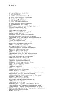 NTS MCqs 
1. Prophet PBUH was died in-633
2. Para in Quran-30
3. Duration of Quran revelation-23
4. Qabila of Hzrt.Usman (R.A