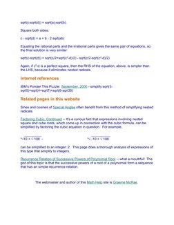 sqrt(c-sqrt(d)) = sqrt(a)-sqrt(b).
Square both sides:
c - sqrt(d) = a + b - 2 sqrt(ab)
Equating the rational parts and the ir