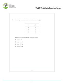 4
TASC Test Math Practice Items
Math
6.	
The table gives selected values for the linear function f(x).	
	
Which of these func