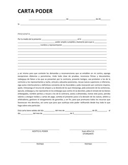 CARTA PODER 
 
 
 
 
 
 de  
 
 
 
 de 20 
 
 
Sr.  
 
 
 
 
 
 
 
 
 
 
 
 
 
P R E S E N T E  
 
 
 
 
 
 
 
 
 
 
 
Por la