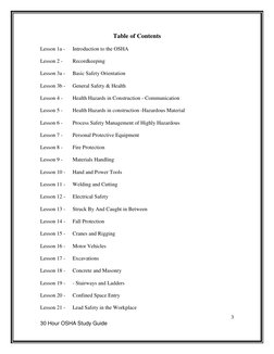 3 
30 Hour OSHA Study Guide  
 
Table of Contents 
 
Lesson 1a -  
Introduction to the OSHA 
 
Lesson 2 -  
Recordkeeping