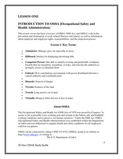6 
30 Hour OSHA Study Guide  
 
LESSON ONE 
 
INTRODUCTION TO OSHA (Occupational Safety and 
Health Administration) 
 
This r