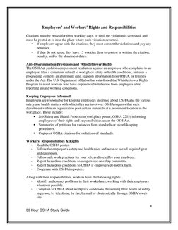 8 
30 Hour OSHA Study Guide  
 
 
Employers’ and Workers’ Rights and Responsibilities 
 
Citations must be posted for three w