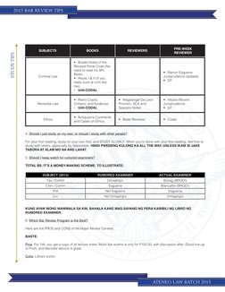 2015 BAR REVIEW TIPS
ATENEO LAW BATCH 2015
STUDY TIPS
Criminal Law
•	 Boado Notes of the 
Revised Penal Code (No 
need to rea