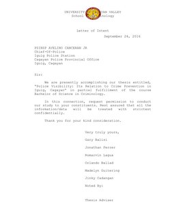 UNIVERSITY OF CAGAYAN VALLEY
School of Criminology
Letter of Intent
September 24, 2016  
PSINSP AVELINO CANCERAN JR
Chief-Of-