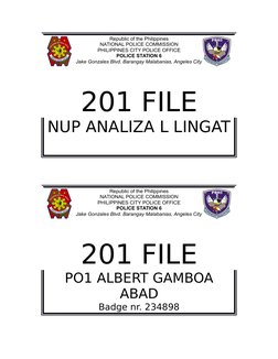 Republic of the Philippines
NATIONAL POLICE COMMISSION
PHILIPPINES CITY POLICE OFFICE
POLICE STATION 6
Jake Gonzales Blvd. Ba