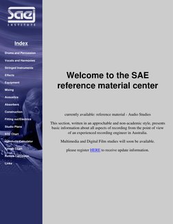 Index
Drums and Percussion
Vocals and Harmonies 
Stringed Instruments
Effects 
Equipment 
Mixing
Acoustics 
Absorbers
Con