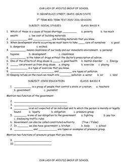 OUR LADY OF APOSTLE GROUP OF SCHOOL
4, OGUNFOLAJI STREET, IBAFO, OGUN STATE
3RD TERM MID-TERM TEST 2015/ 2016 SESSION
SUBJECT
