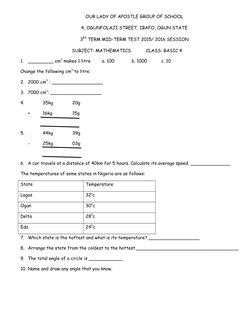 OUR LADY OF APOSTLE GROUP OF SCHOOL
4, OGUNFOLAJI STREET, IBAFO, OGUN STATE
3RD TERM MID-TERM TEST 2015/ 2016 SESSION
SUBJECT
