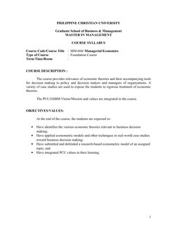 PHILIPPINE CHRISTIAN UNIVERSITY
Graduate School of Business & Management
MASTER IN MANAGEMENT
COURSE SYLLABUS
Course Code/Cou