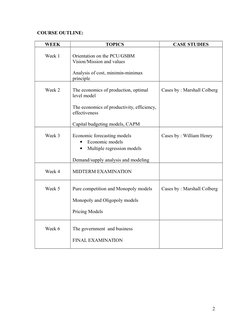 COURSE OUTLINE:
WEEK
TOPICS
CASE STUDIES
Week 1
Orientation on the PCU/GSBM 
Vision/Mission and values
Analysis of cost, mini