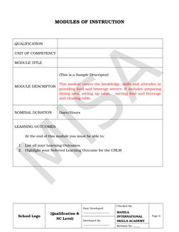 MODULES OF INSTRUCTION
QUALIFICATION
UNIT OF COMPETENCY
MODULE TITLE
MODULE DESCRIPTOR
(This is a Sample Descriptor)
This mod