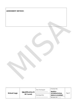 ASSESSMENT METHOD:
School Logo
(Qualification &
NC Level)
Date Developed:
____________________
Checked By:
MANILA 
INTERNATIO